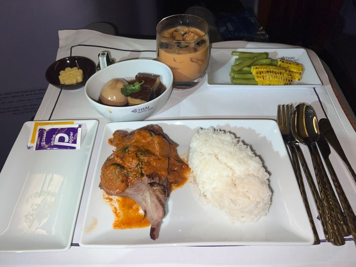 Thai Airways Royal Silk business class 777 300er lamb chops in red curry Thai Airways Royal Silk business class 777 300er lamb chops in red curry