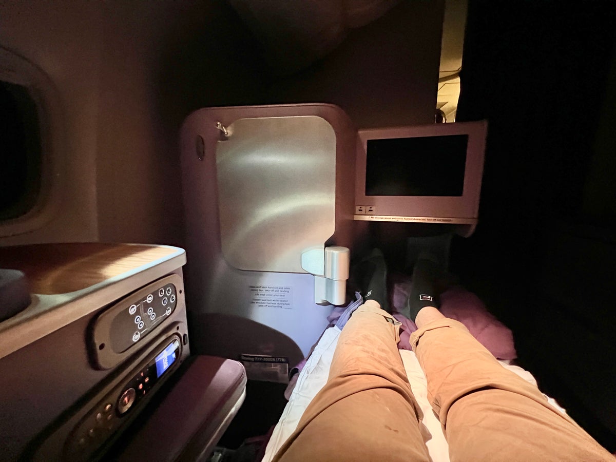 Thai Airways Royal Silk business class 777 300er laying in bed