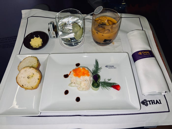 Thai Airways Royal Silk business class 777 300er salmon and crab tartare Thai Airways Royal Silk business class 777 300er salmon and crab tartare