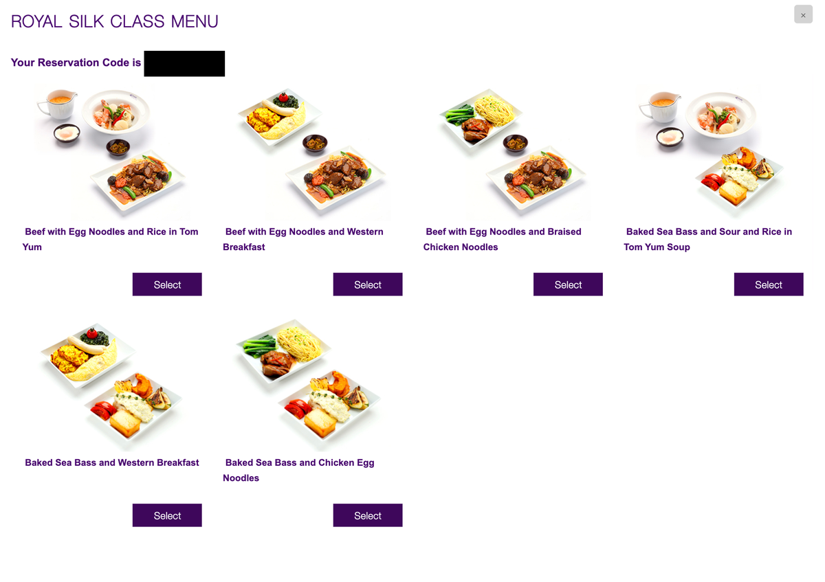 Thai Airways Royal Silk meal selection online