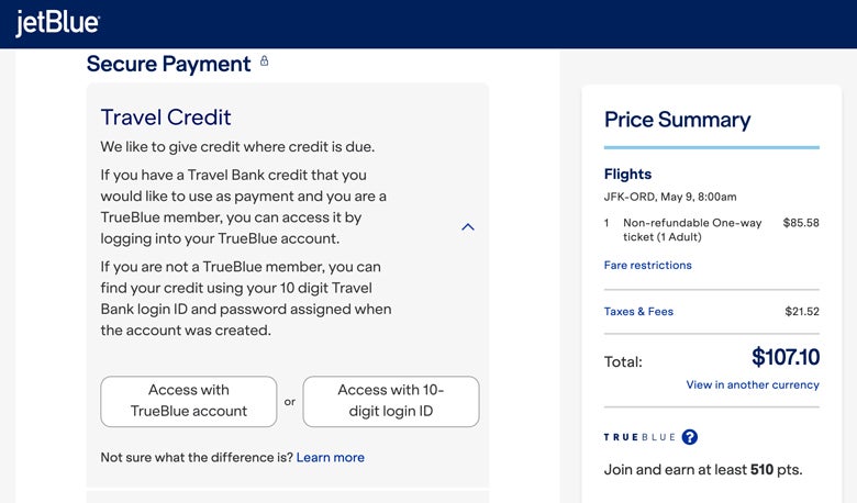 JetBlue apply Travel Bank credit