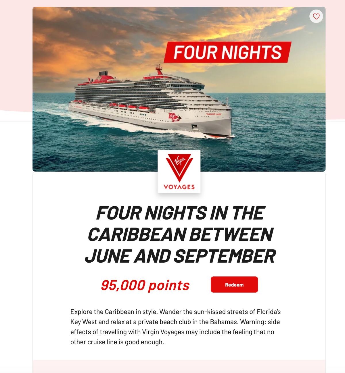 4 Night Virgin Voyages Cruise Redeem Points