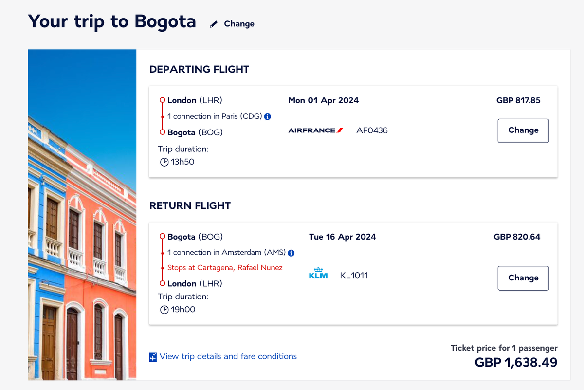 Bogota trip confirmation with Air France KLM