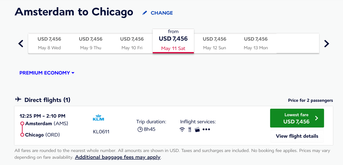 Cash cost of AMS to ORD flight one way