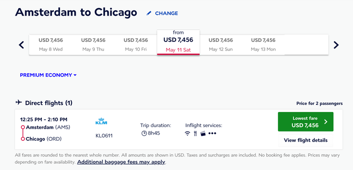 Cash cost of AMS to ORD flight one way Cash cost of AMS to ORD flight one way