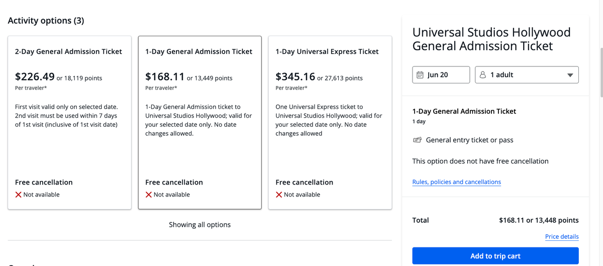 Chase Travel portal Universal Studios Hollywood ticket