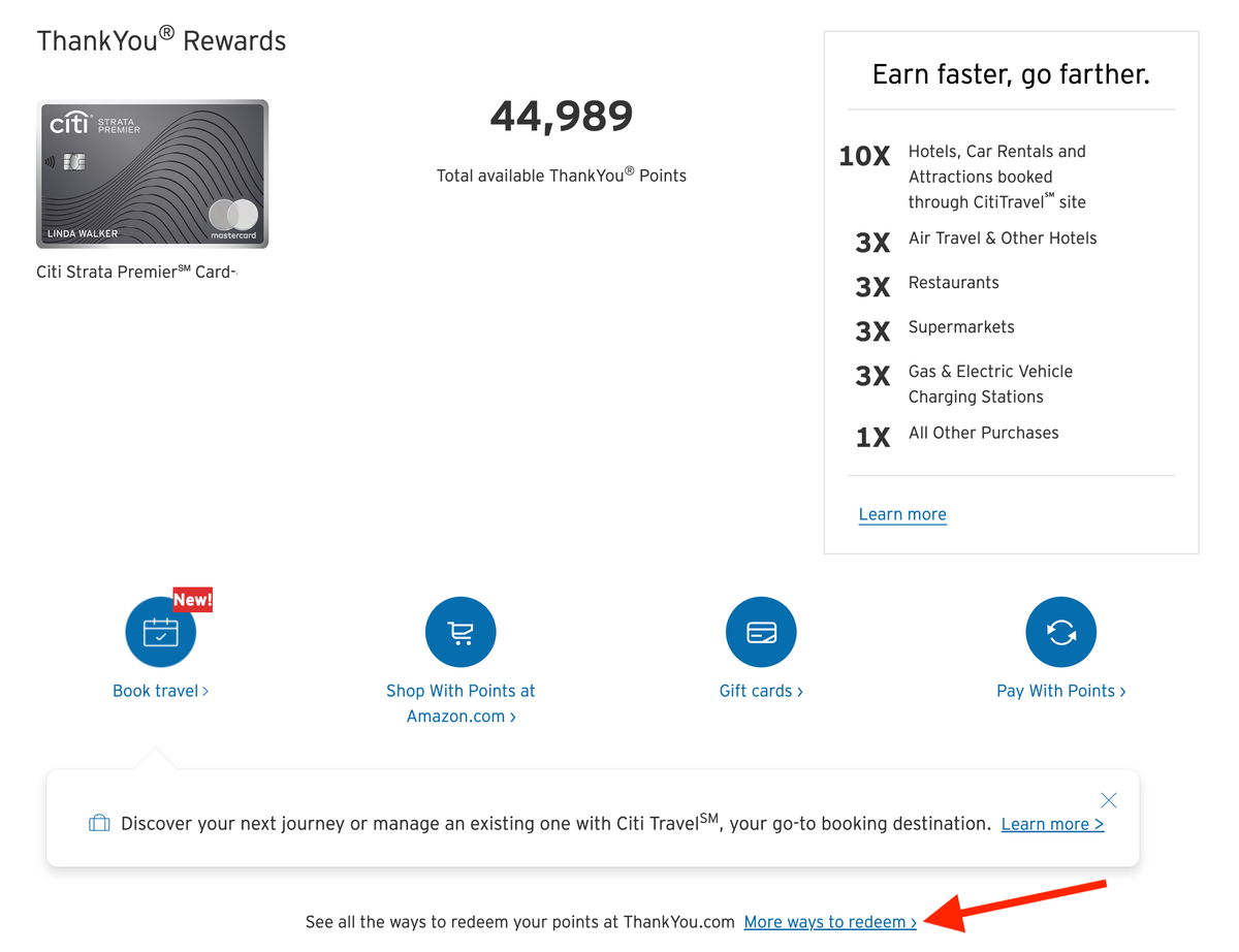 Citi Strata Premier Card how to redeem points