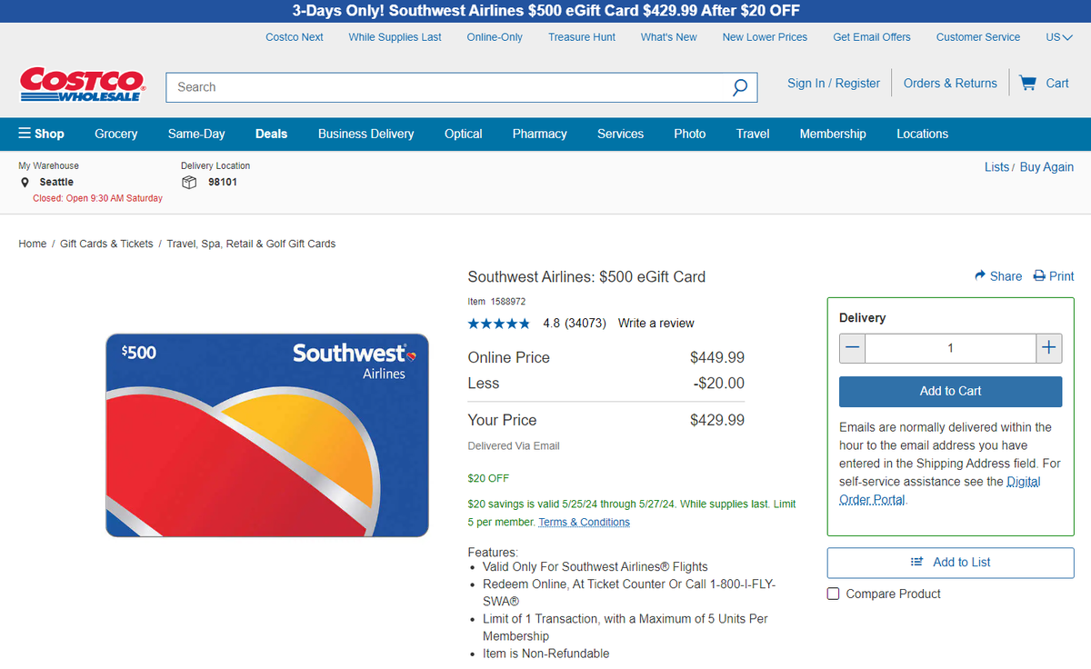 Costco Southwest gift card 052524