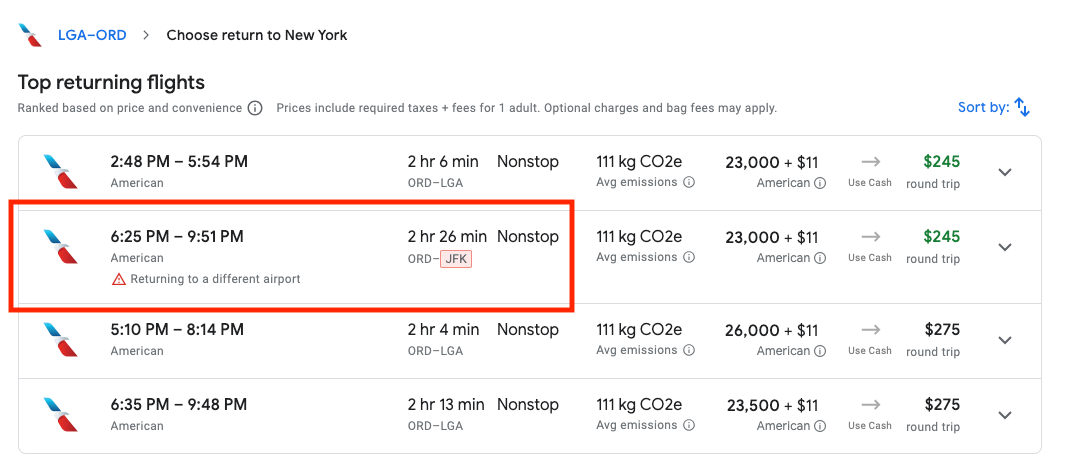 Different Airports Google flights