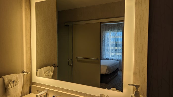 Embassy Suites by Hilton The Woodlands at Hughes Landing room bathroom lit mirror Embassy Suites by Hilton The Woodlands at Hughes Landing room bathroom lit mirror