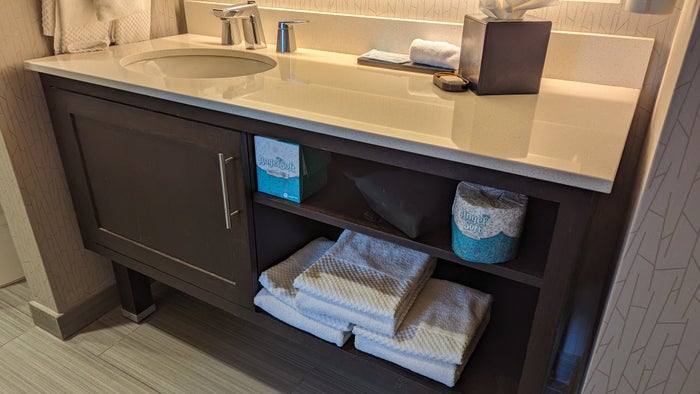 Embassy Suites by Hilton The Woodlands at Hughes Landing room bathroom sink towels Embassy Suites by Hilton The Woodlands at Hughes Landing room bathroom sink towels