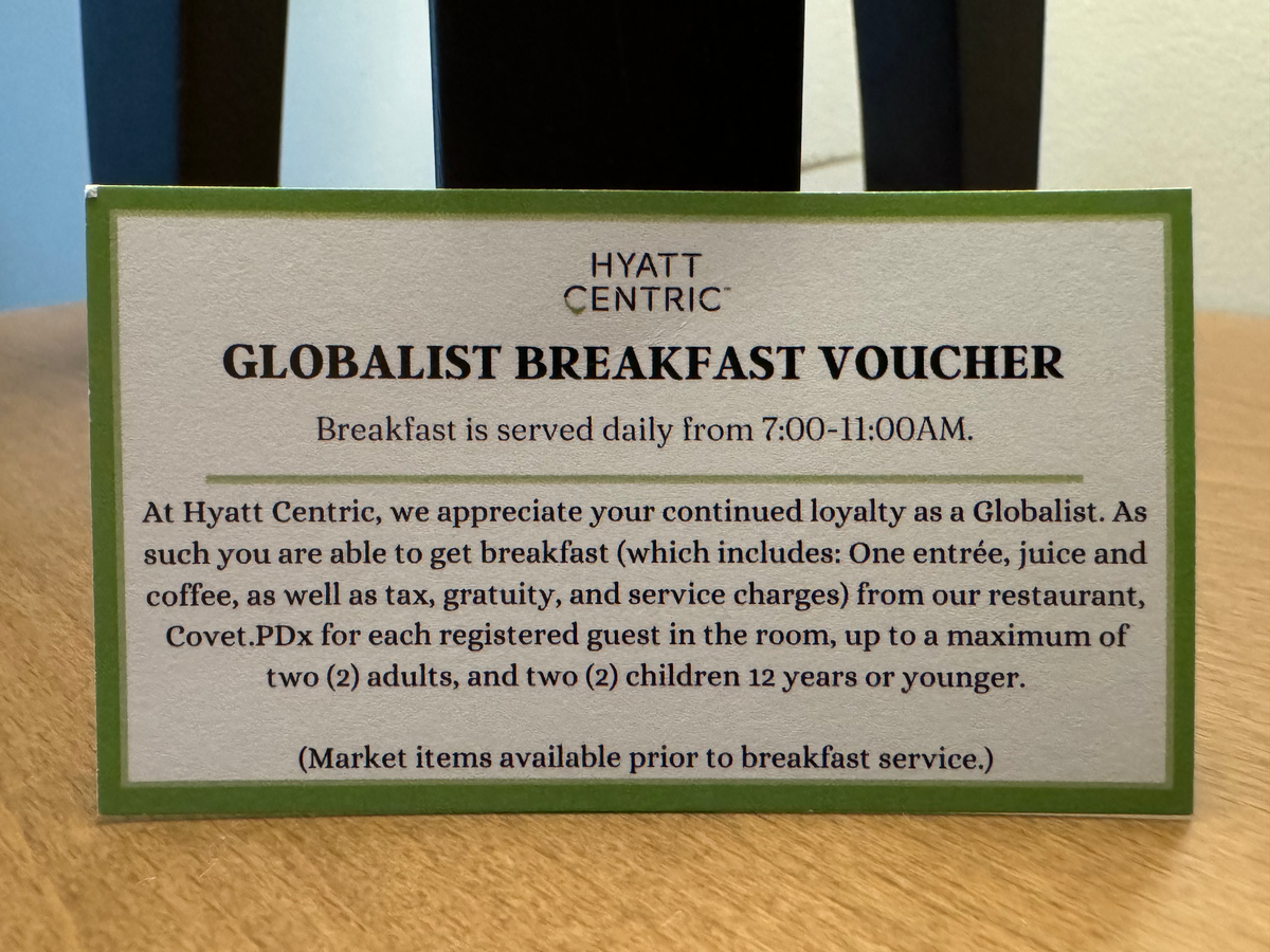 Hyatt Centric Downtown Portland Globalist breakfast voucher