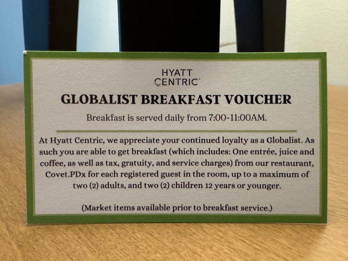 Hyatt Centric Downtown Portland Globalist breakfast voucher Hyatt Centric Downtown Portland Globalist breakfast voucher