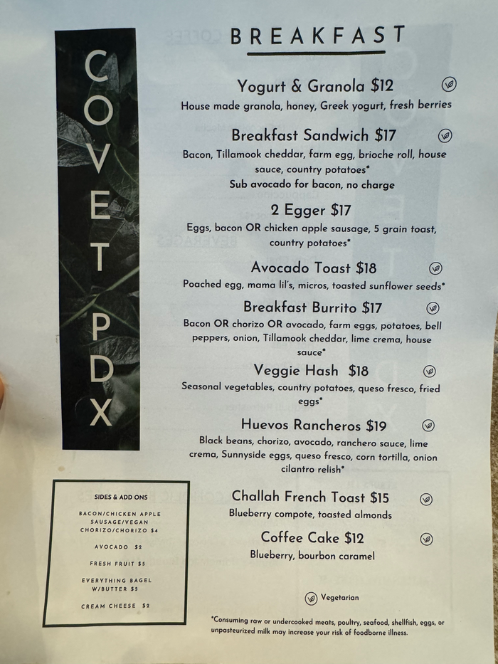 Hyatt Centric Downtown Portland breakfast menu food Hyatt Centric Downtown Portland breakfast menu food