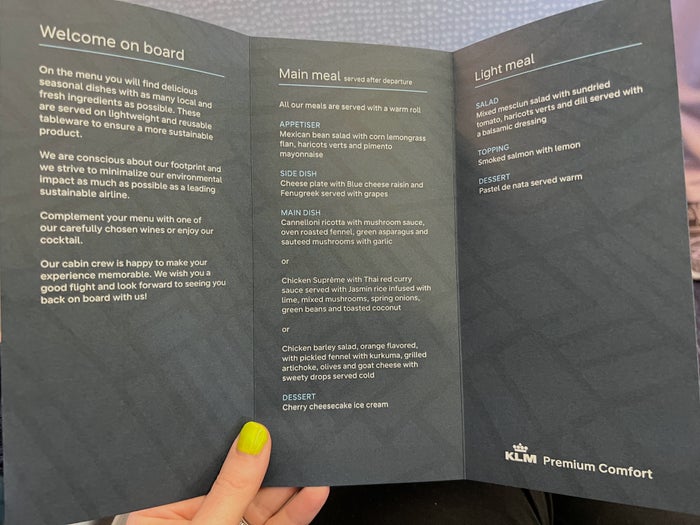 KLM Premium Comfort inflight menu KLM Premium Comfort inflight menu