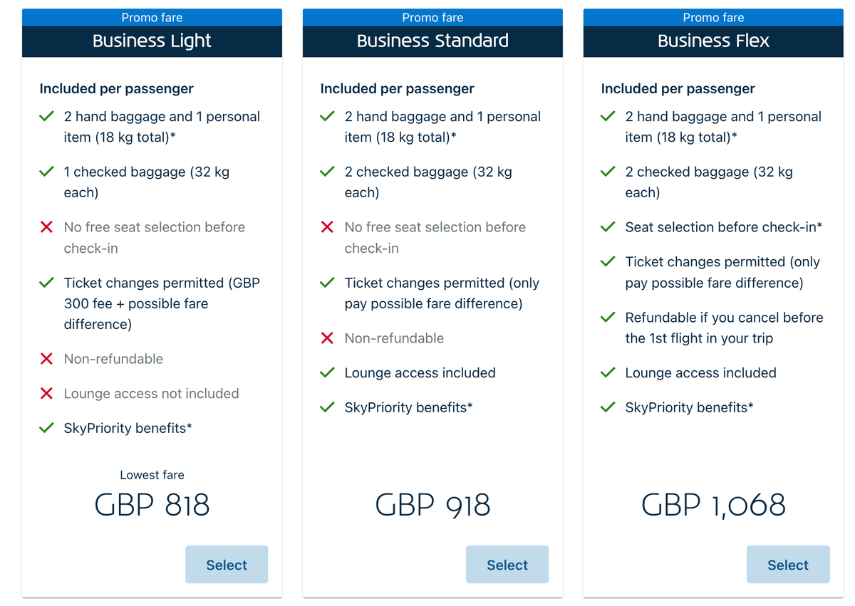 KLM business class bundled fares