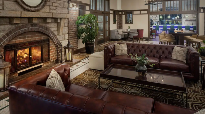 Lobby fireplace at The Elms Hotel Spa