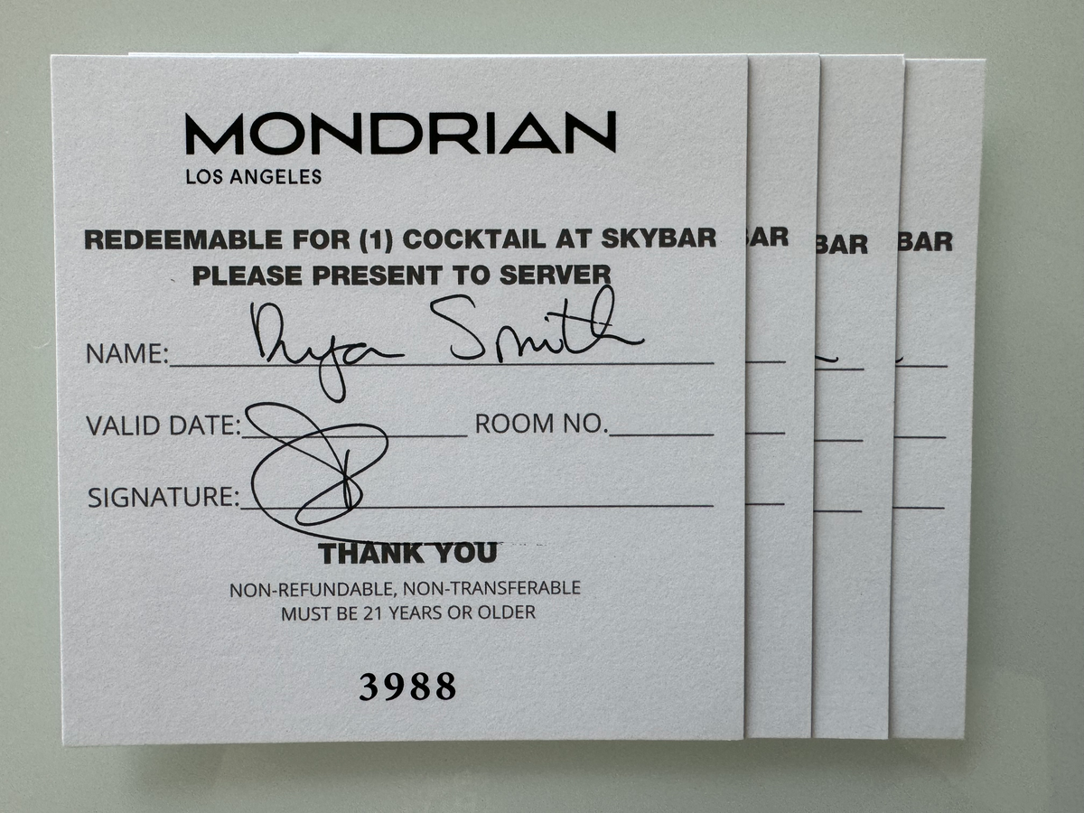 Mondrian Los Angeles deluxe studio suite sitting area drink vouchers