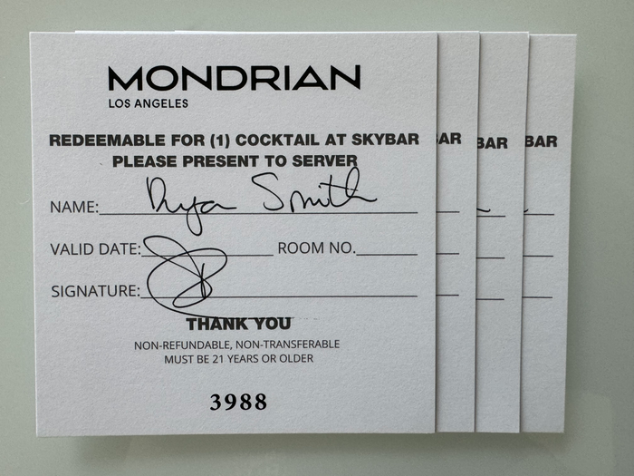 Mondrian Los Angeles deluxe studio suite sitting area drink vouchers