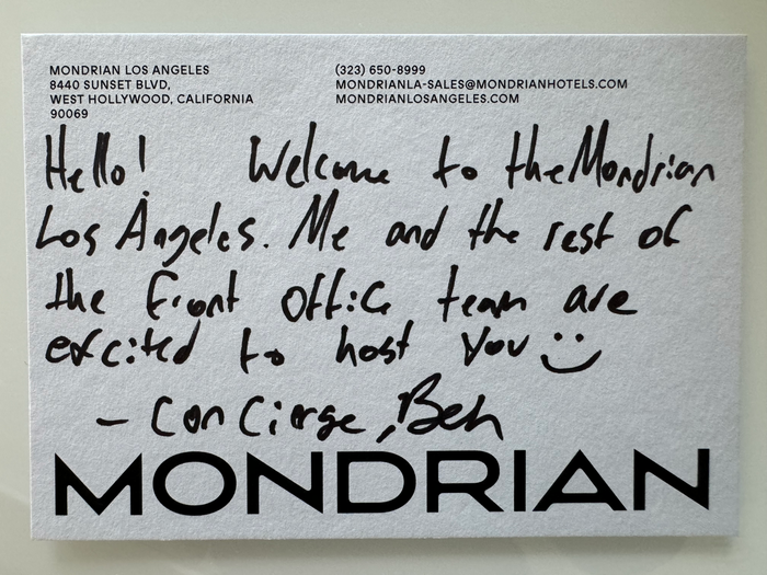 Mondrian Los Angeles deluxe studio suite sitting area welcome note