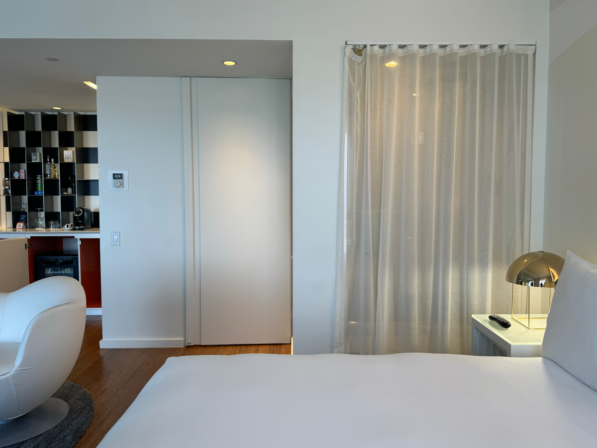 Mondrian Los Angeles deluxe studio suite view toward bathroom