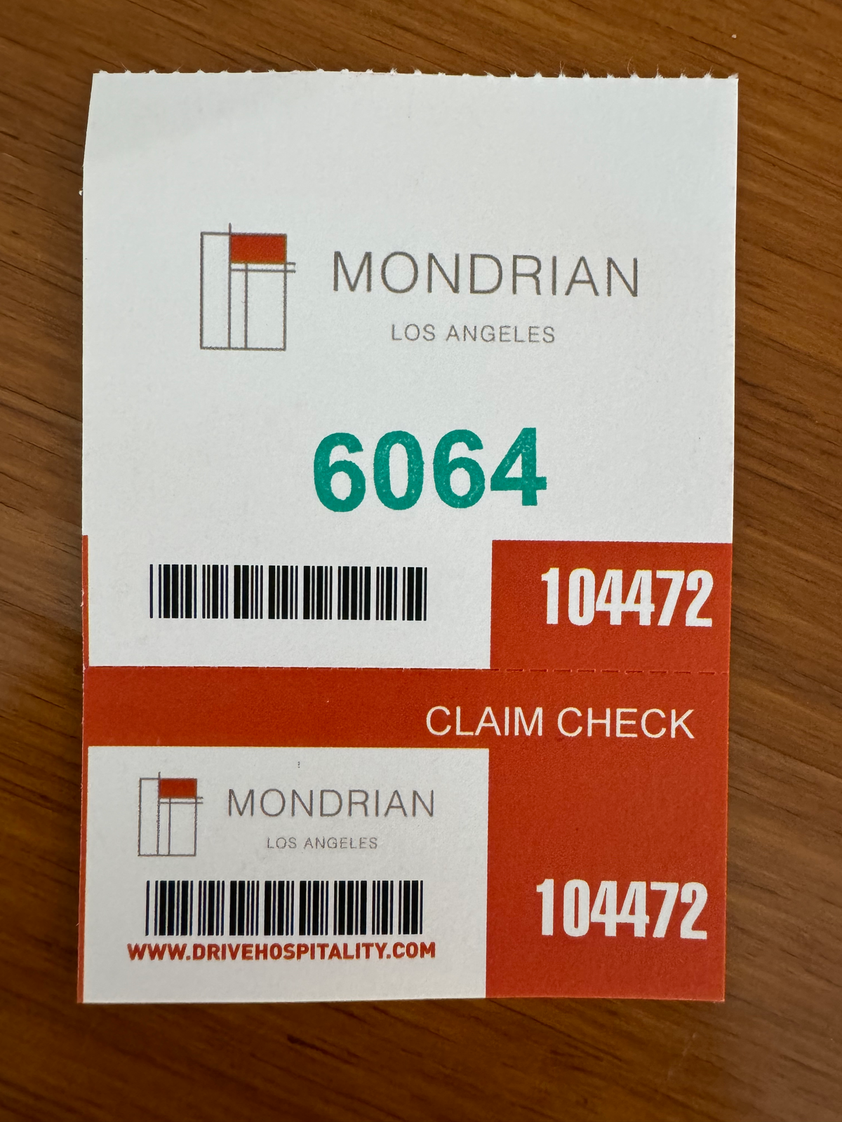 Mondrian Los Angeles valet parking ticket