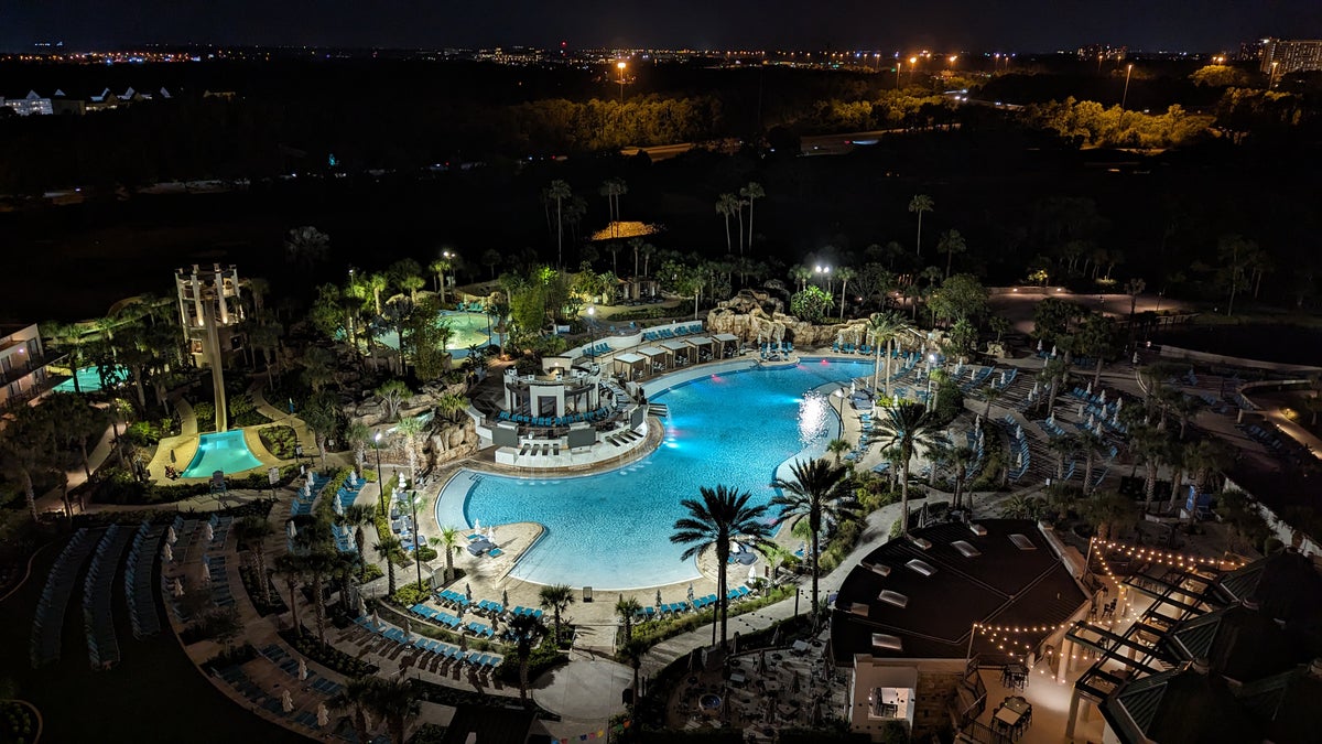 Orlando World Center Marriott 2 Queen Ambassador Suite view pool at night