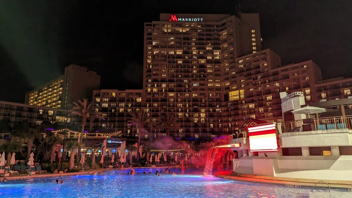 Orlando World Center Marriott amenities pool entry and TV Orlando World Center Marriott amenities pool light show