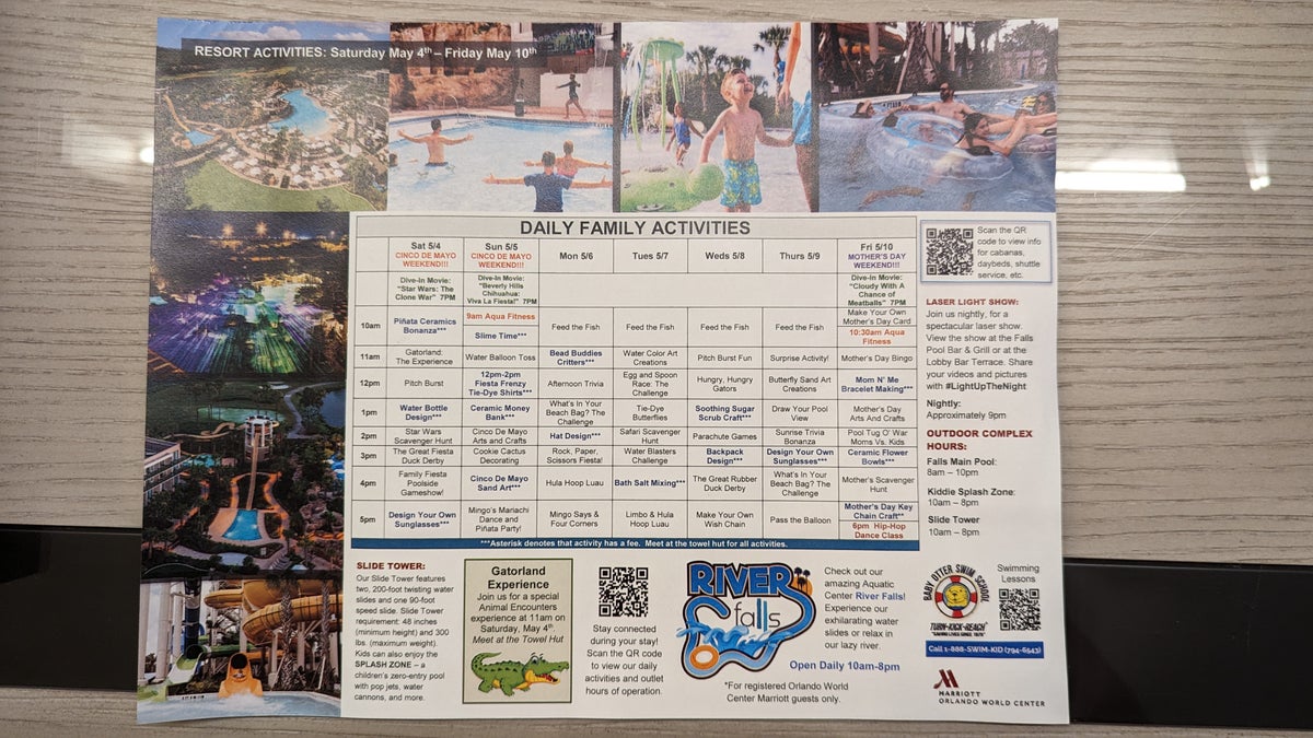 Orlando World Center Marriott amenity activities calendar