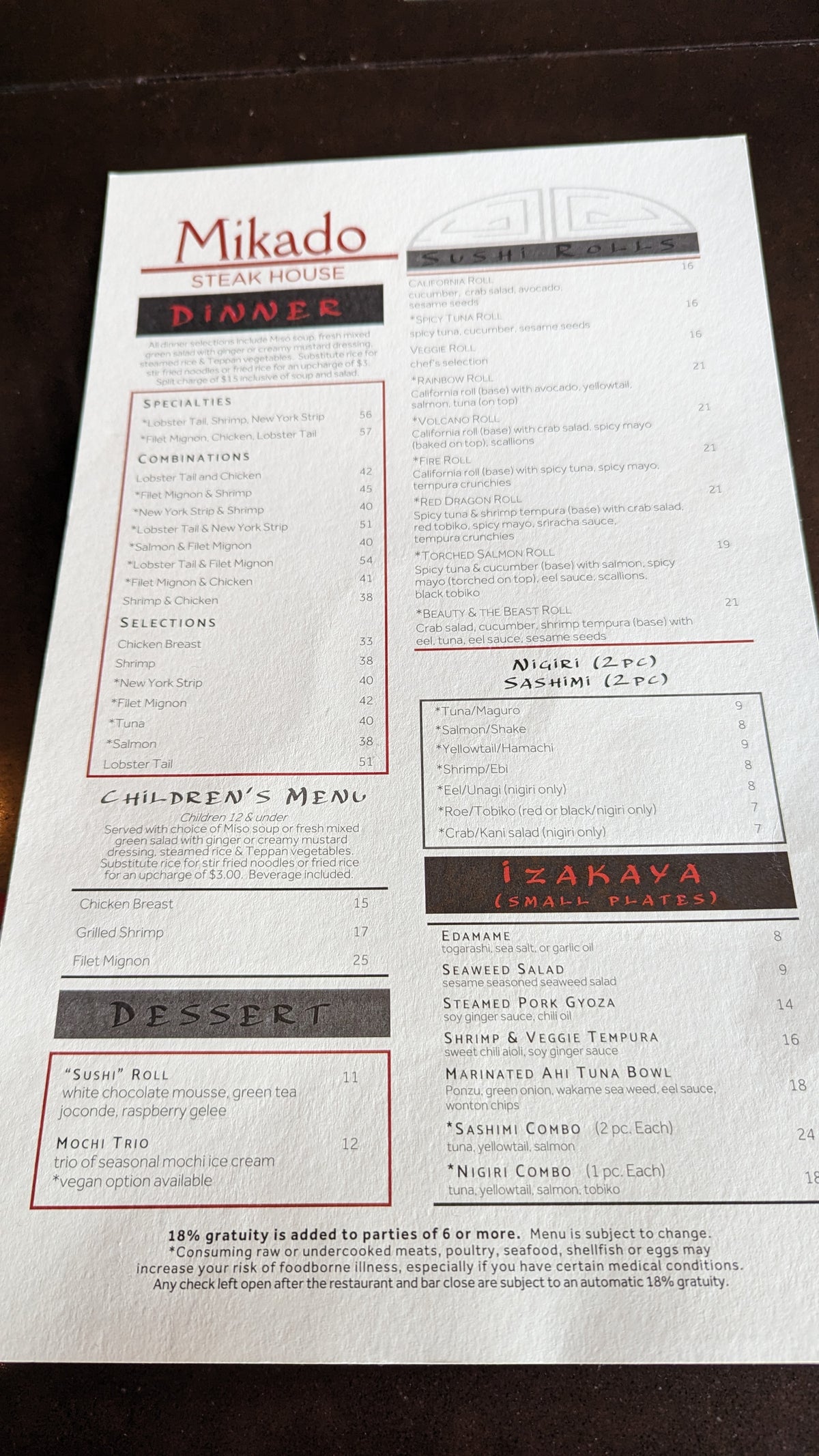 Orlando World Center Marriott food and beverage Mikado menu 