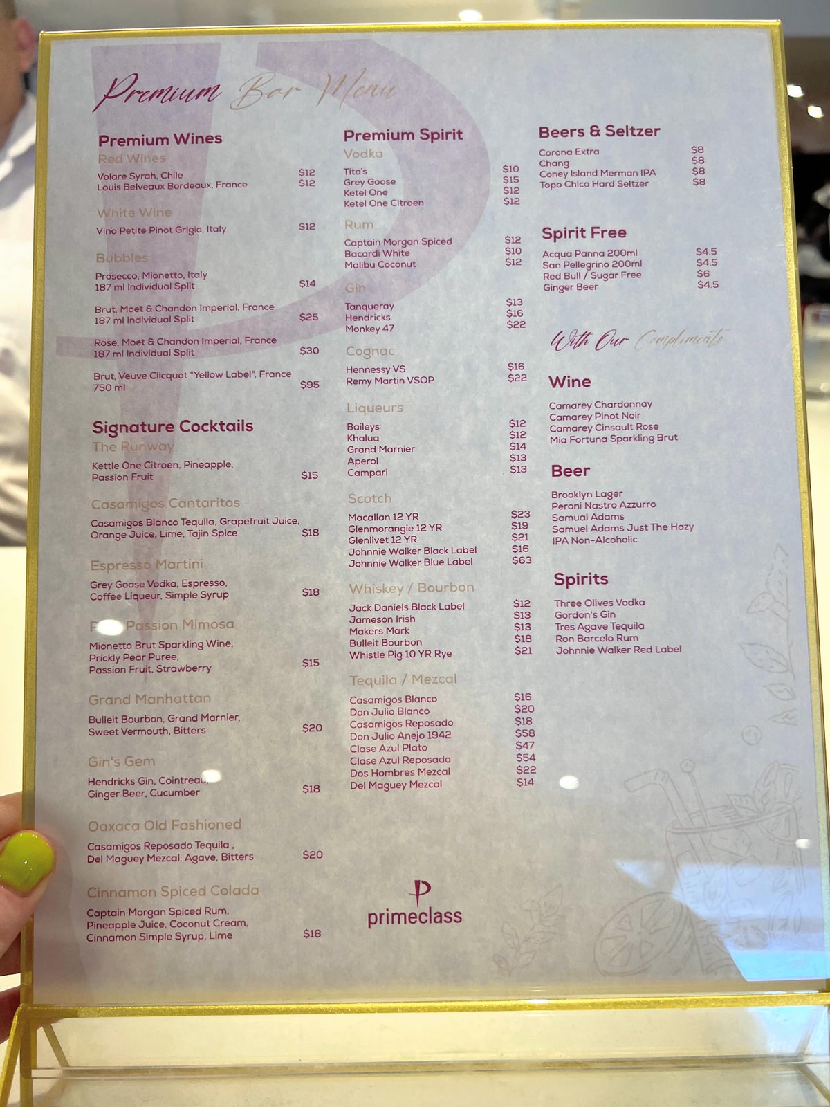 Primeclass Lounge JFK bar menu