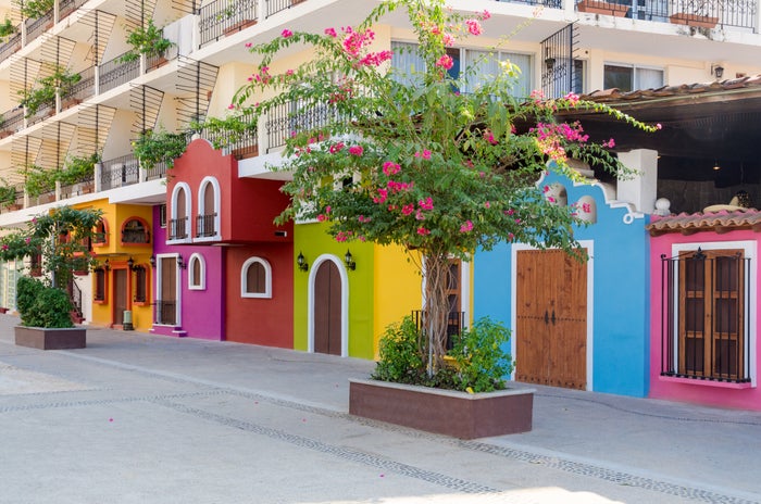 Andaz Mayakoba Dia de los Muertos Colorful apartment building in Puerto Vallarta, Mexico.