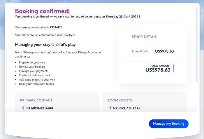Disney Hotel Cheyenne booking confirmed Disney Hotel Cheyenne booking confirmed