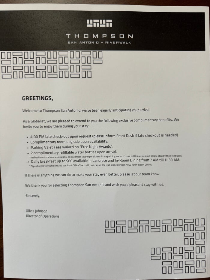Thompson San Antonio Riverwalk Globalist welcome letter