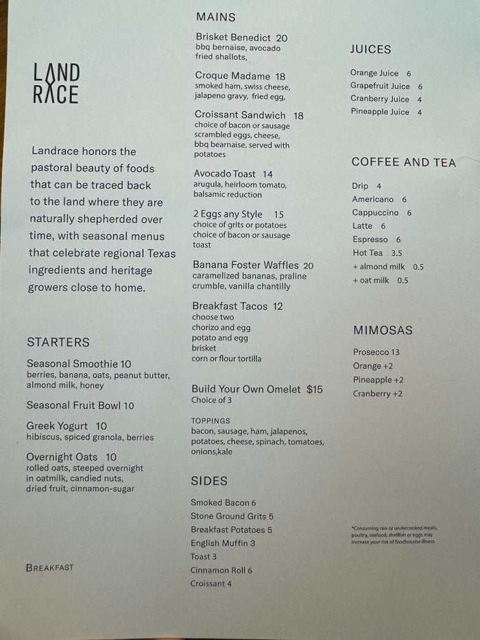 Thompson San Antonio Riverwalk Landrace breakfast menu