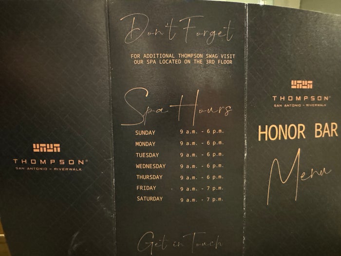 Thompson San Antonio Riverwalk bathroom note with spa hours