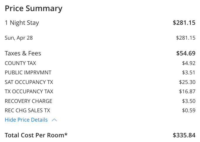 Thompson San Antonio Riverwalk cash cost per night with taxes