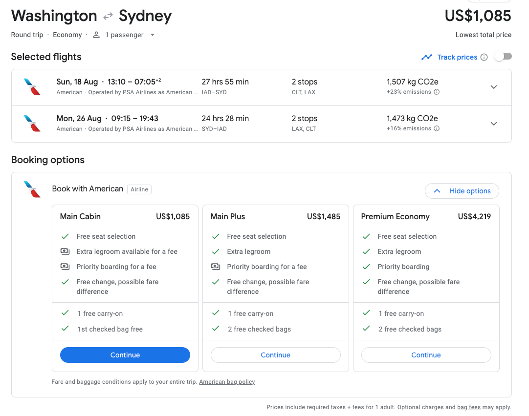 Washington to Sydney from 1085 USD