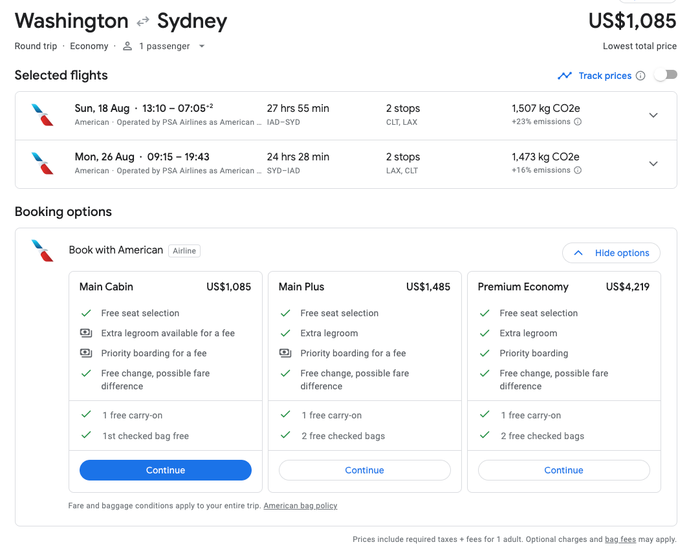 Washington to Sydney from 1085 USD