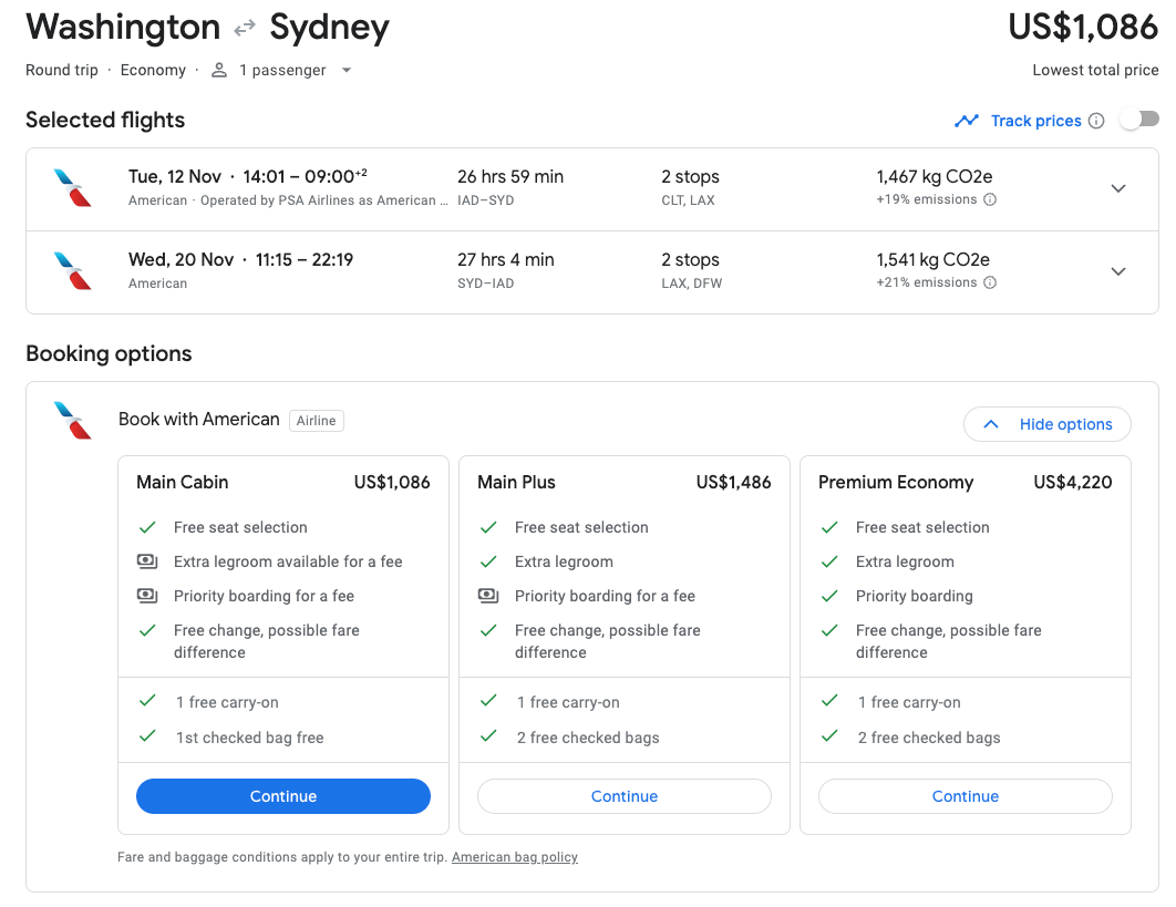 Washington to Sydney from 1086 USD