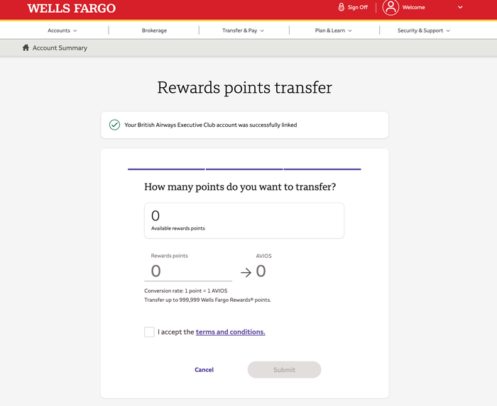 Wells Fargo Rewards Points Transfer British Airways