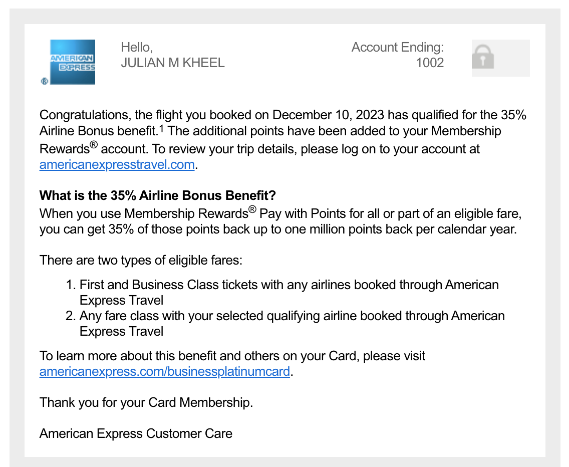 amex business platinum airline bonus confirmation