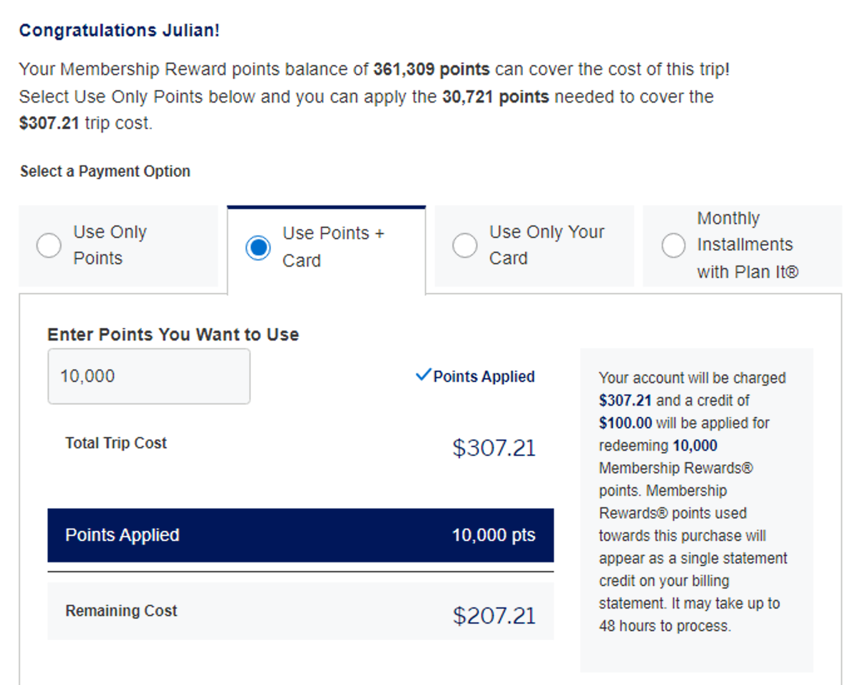 amex travel pay with points checkout
