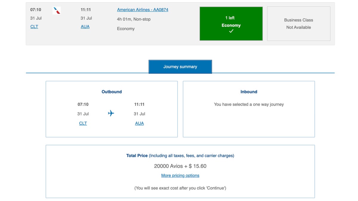 ba avios clt aua economy class award