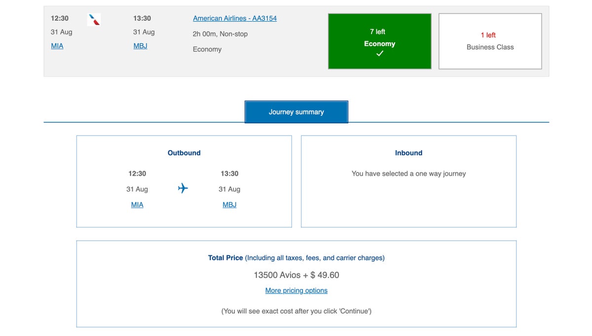 ba avios mia mbj economy award flight