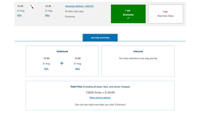 ba avios mia mbj economy award flight