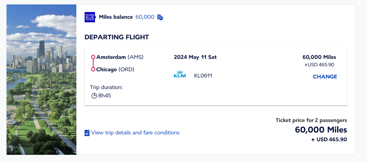 AMS to ORD cost in miles summary screen