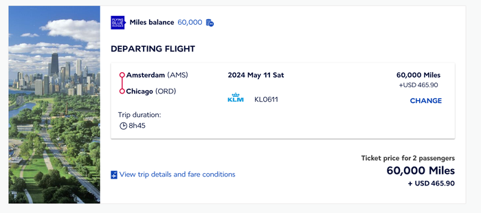 AMS to ORD cost in miles summary screen AMS to ORD cost in miles summary screen