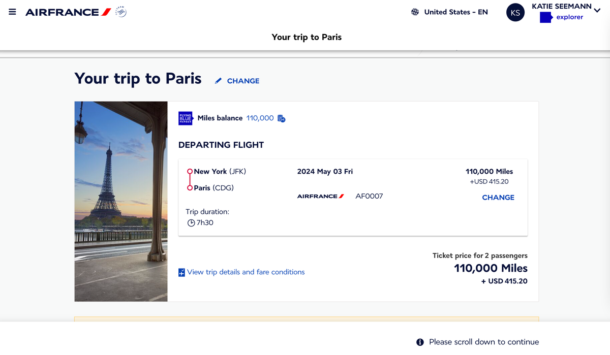 Air France Paris flight cost in points