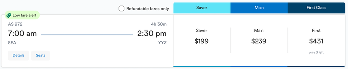 Alaska Cash cost SEA YYZ Alaska Cash cost SEA YYZ